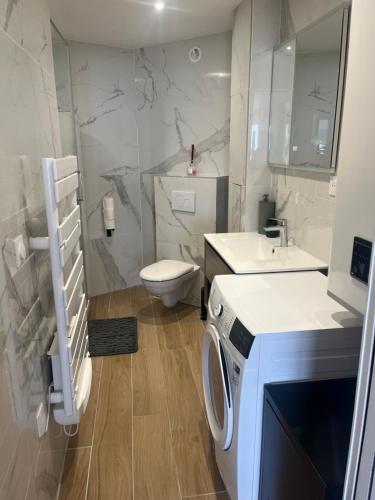 bagno con servizi igienici, lavandino e lavatrice di Le 912 appartement face mer avec balcon a Le Touquet-Paris-Plage