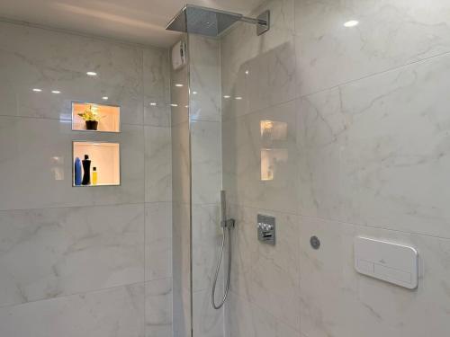 a bathroom with a shower with a glass door at Luxrem 5 Apartments Skyline in Biel