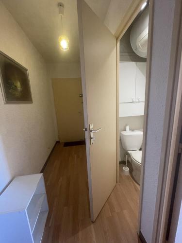 - une petite salle de bains avec des toilettes et une porte dans l'établissement Appartement T3 2ème étage, à Seignosse