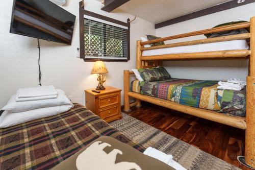 a bedroom with two bunk beds and a tv at Stimboli Lodge- Sleeps 16 with tons of games and fun in Oakhurst