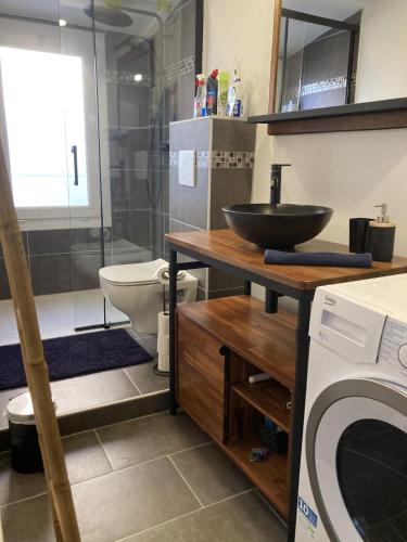 La salle de bains est pourvue d'un lavabo, de toilettes et d'un lave-linge. dans l'établissement F2 Type LOFT à Ajaccio, à Ajaccio