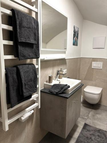 a bathroom with a sink and a toilet and a mirror at Bergzauber in Pfronten