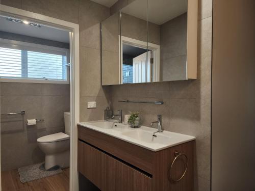 a bathroom with a sink and a toilet and a mirror at Entire home in Greenlane in Auckland