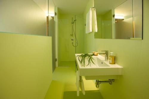 Baño verde con lavabo y espejo en Hotel Alpenrose Ebnit, en Dornbirn