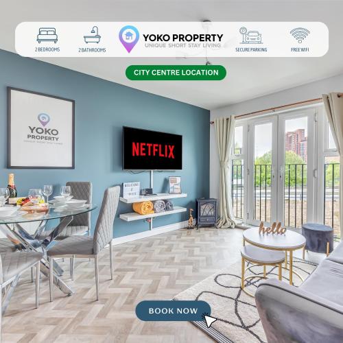 a rendering of a living room with a tv on a wall at Beautiful Apartment in City Centre with Free Parking, Balcony, Work Desk, Self-Check-In, Fast Wifi and Smart TVs by Yoko Property in Coventry