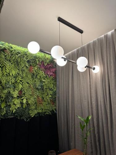 a room with two lights and a green wall at Estúdio de Luxo Essenza in São Paulo