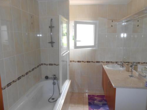 a bathroom with a shower and a tub and a sink at Domaine Harrieta in Saint-Jean-le-Vieux