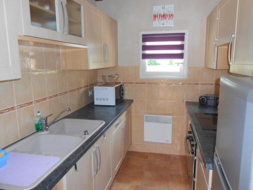 une petite cuisine avec un évier et un réfrigérateur dans l'établissement Domaine Harrieta, à Saint-Jean-le-Vieux