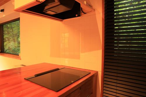 a kitchen with a table with a laptop on a counter at COCO VILLA Yatsugatake in Hokuto