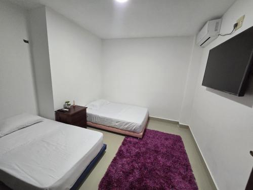 two beds in a small room with a purple rug at Amazonia Deluxe Garden in Leticia