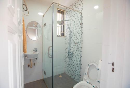 a bathroom with a shower and a toilet and a sink at Luxury 2 bedroom Apartment near The Under bridge in Trofwi