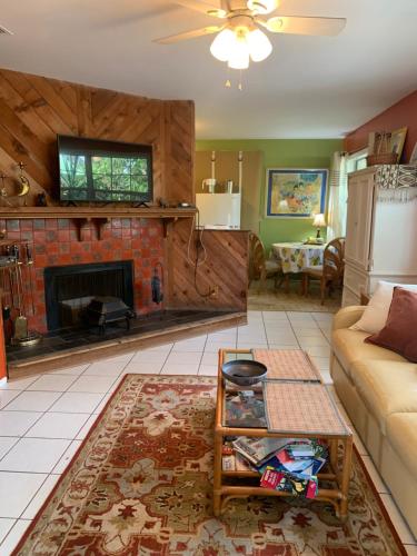 a living room with a couch and a fireplace at One Bed Suite near Beaches and Downtown Sarasota in Sarasota