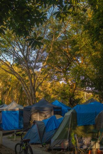 a group of tents with a bike parked in front at Arts Factory by Nomads in Byron Bay