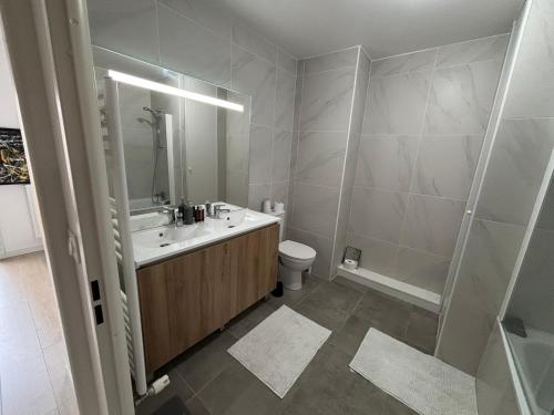 une salle de bain avec un lavabo, des toilettes et une douche dans l'établissement Agustina, à La Celle-sous-Gouzon