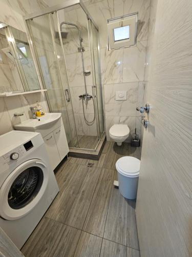 a bathroom with a shower toilet and a washing machine at Apartments Danica in Petrovac na Moru