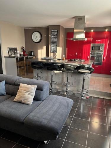 un salon avec un canapé et une cuisine dans l'établissement Les Berges du Thiou Annecy Lac, à Annecy