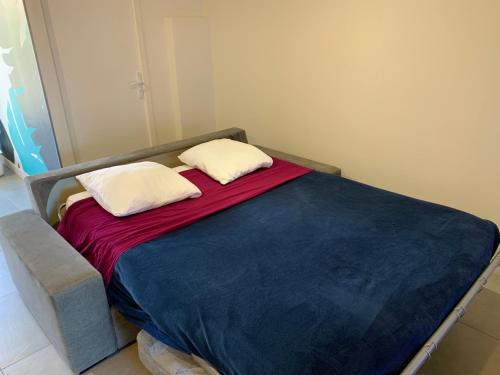 ArthèsにあるSuperbe T2 climatisé avec patio et jardinのベッド1台(枕2つ付)