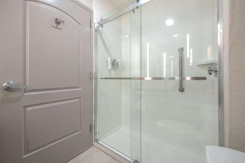 a shower with a glass door in a bathroom at Hilton Garden Inn Newport News in Newport News