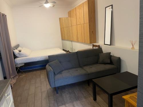 un salon avec un canapé et un lit dans l'établissement Studio cosy en centre d'Ajaccio, à Ajaccio