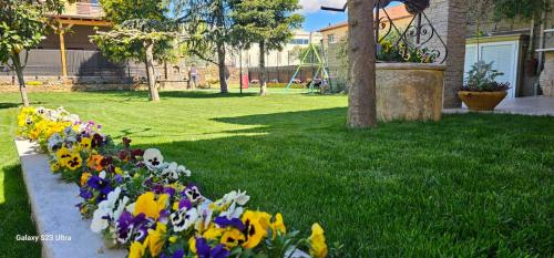 a group of flowers in a yard with a tree at Garden's House Pozar in Aridaia in Aridaia