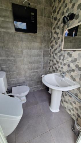 a bathroom with a toilet and a sink at Barrels by the Lake in Priles