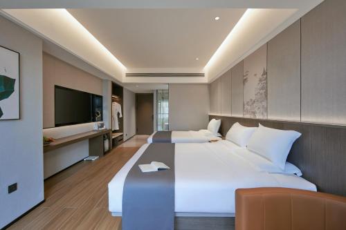 景洪にあるXi Yuan International Hotelの大きな白いベッドとテレビのある寝室