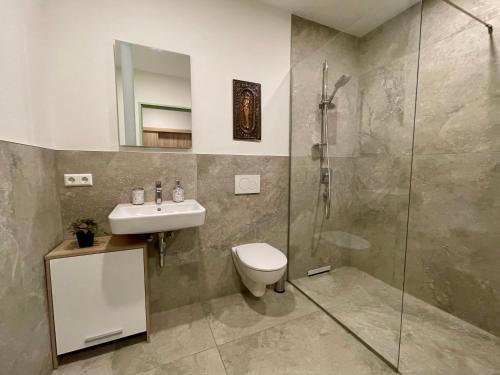 a bathroom with a shower and a toilet and a sink at NEU Goldstadt Suite Schlössle-Galerie Zentrum Pforzheim in Pforzheim