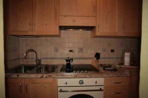 een keuken met houten kasten, een wastafel en een fornuis bij Appartamenti Cercenà Deluxe in Canazei