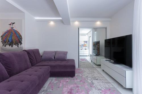 Il comprend un salon doté d'un canapé violet et d'une télévision à écran plat. dans l'établissement Croisette Star - Bd Croisette, à Cannes