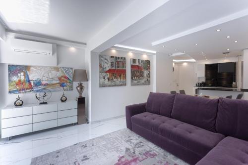 Il comprend un salon avec un canapé violet et une cuisine. dans l'établissement Croisette Star - Bd Croisette, à Cannes