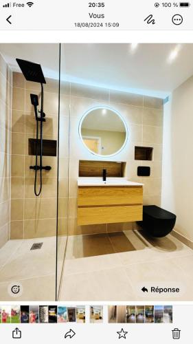 une salle de bain avec un lavabo et un miroir dans l'établissement Studio terrasse Croisette, à Cannes