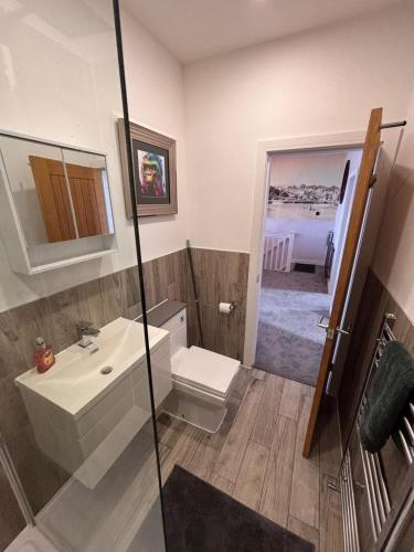 a bathroom with a sink and a toilet and a mirror at Stylish Coastal Apartment with Breathtaking views in Conwy