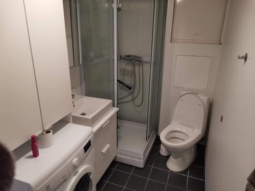 a bathroom with a shower and a toilet and a sink at Room with shared kitchen and bathroom nr 3 in Tromsø