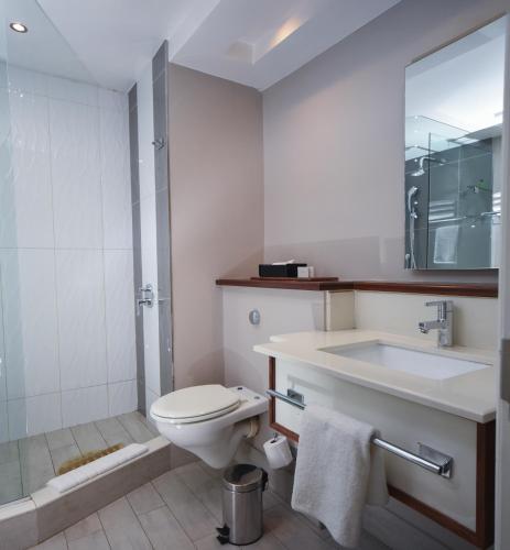 a bathroom with a toilet and a sink and a shower at Riverside Sun in Vanderbijlpark
