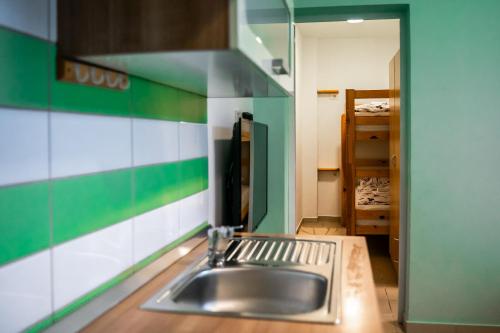 a kitchen with a stainless steel sink and green walls at Apartma Kamp Ajdovščina in Ajdovščina