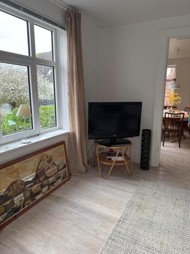 a living room with a flat screen tv next to a window at Garden Apartment by the Sea in Sønderborg