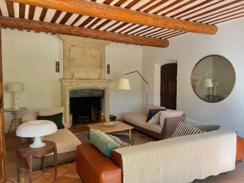 un salon avec un canapé et une cheminée dans l'établissement Le mas provençal d'Aurélie, à Carpentras