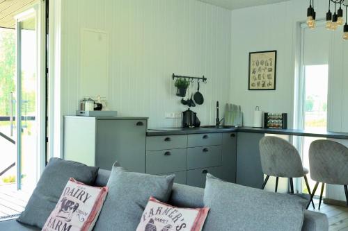 un salon avec un canapé et une cuisine dans l'établissement DeerHouse, à Kaliakiemiai