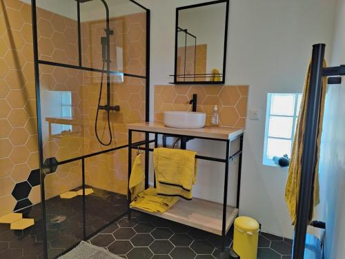 une salle de bain avec un lavabo et une douche dans l'établissement Superbe villa en Provence, piscine et pétanque, à Rognonas
