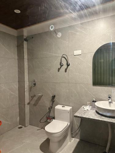 a bathroom with a shower and a toilet and a sink at Crimson inn by Senderos De Pine in Manāli