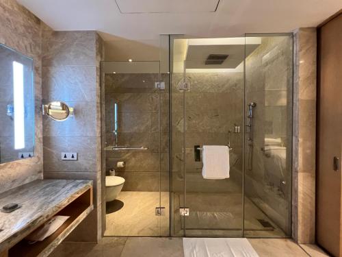 a glass shower stall in a bathroom with a toilet at Renaissance Dhaka Gulshan Hotel in Dhaka