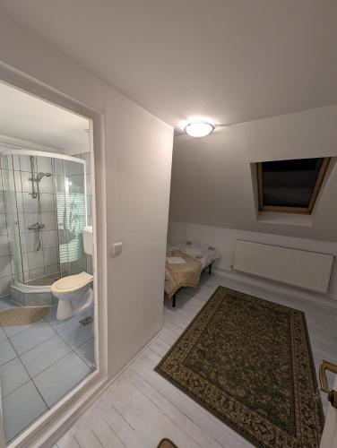 a bathroom with a toilet and a sink and a mirror at Casa Daya in Topliţa