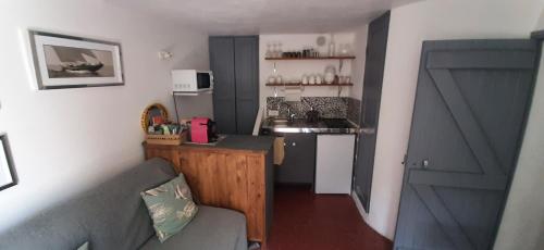 Il comprend un salon avec un canapé gris et une cuisine. dans l'établissement Le paradis, à Bormes-les-Mimosas