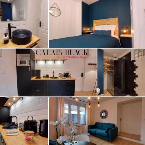 un collage de photos d'une chambre et d'une salle de bains dans l'établissement CalaisBlack 2-4 personnes Centre Ville, à Calais