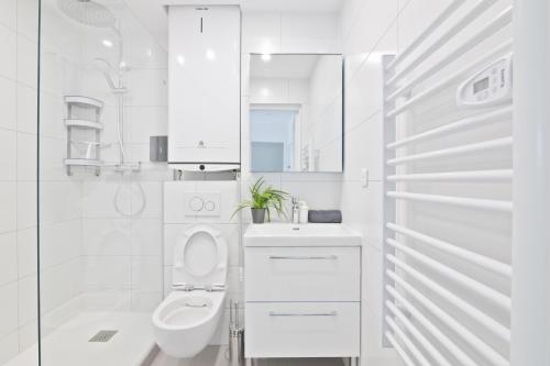 une salle de bain blanche avec toilettes et lavabo dans l'établissement 1 Bedroom Apartment Quartier Austerlitz Free Netflix, à Paris