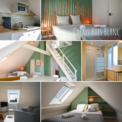 un collage de photos d'une chambre et d'un loft dans l'établissement Calais BoisBlanc 4-6 personnes Centre Ville, à Calais