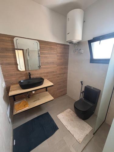 a bathroom with a black toilet and a sink at Villa Mona in Somone