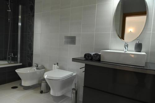 a bathroom with a toilet and a sink and a mirror at Fabulous 5 BR hidden gem Serra da Estrela in Vinhó