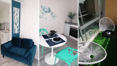 trois vues d'un salon avec une chaise bleue et une table dans l'établissement Le belvédère-centre ville, à Belfort