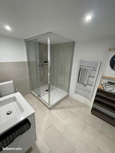 La salle de bains est pourvue d'une douche et d'un lavabo blanc. dans l'établissement Havre de paix au Futuroscope, à Jaunay-Clan